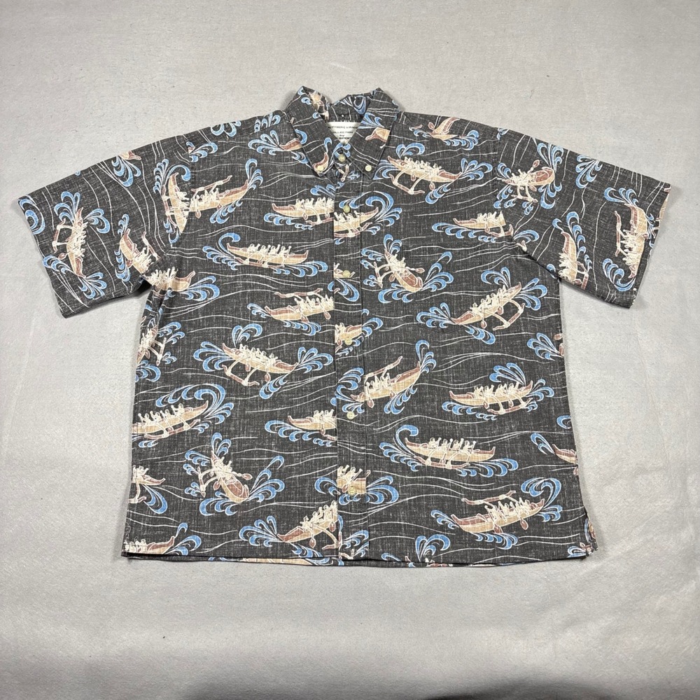 Reyn Spooner Dietrich Varez Hawaiian Canoe Print Button Down Shirt Mens L Grey